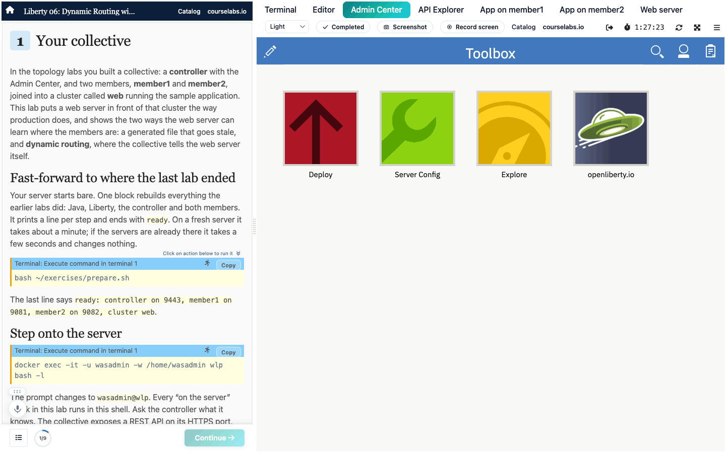 A Liberty lab session with the Admin Center tab open. The IBM Liberty Admin Center Toolbox, with Deploy, Server Config, Explore and openliberty.io tools, runs inside the lab beside the guide page for Your collective.