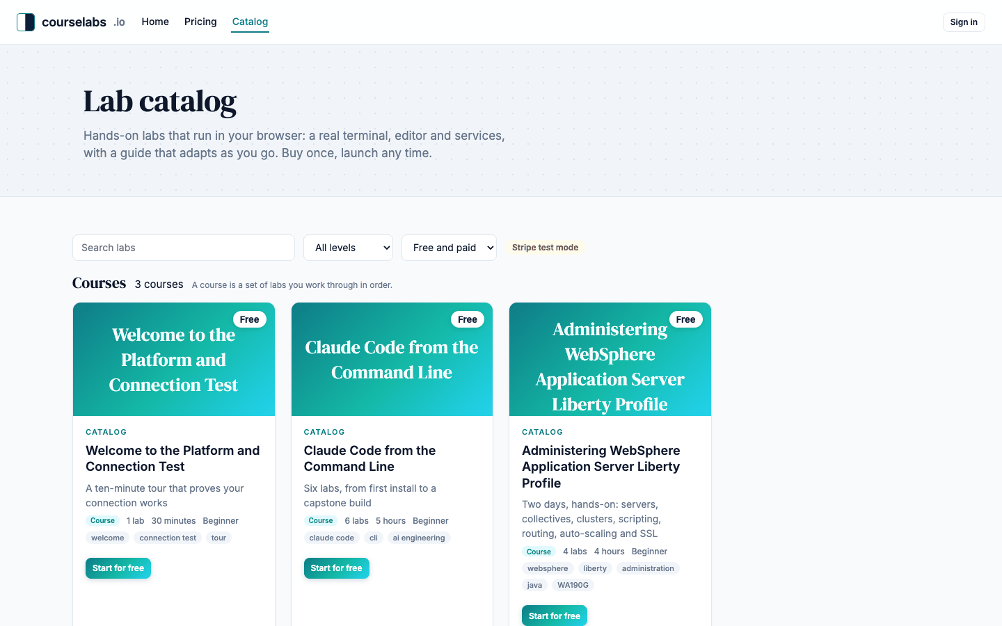 The public course catalog at courselabs.io/catalog: search, level and price filters, and three free courses.