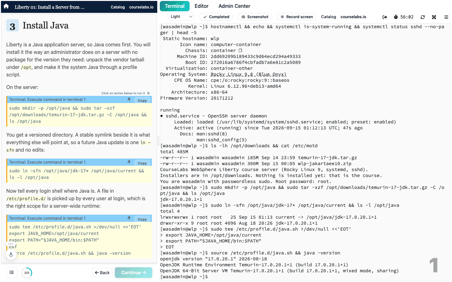 A CourseLabs lab session. On the left, page 3 of the Liberty installation lab with three clickable command steps. On the right, a light terminal showing the real output of installing Java on a Rocky Linux server.